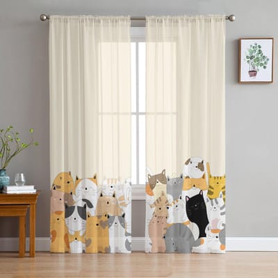 Rideaux en Voile Transparent Animal Chat Dessin Animé pour Décoration de Salon Chambre à Coucher Rideau de Fenêtre en Tulle Imprimé Utilisation Domestique de Luxe Décoration de Balcon Rideaux W50H130(CM)x2&Hook white