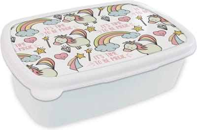 Broodtrommel Wit - Lunchbox - Brooddoos - Regenboog - Unicorn - Diamant - Quotes - Patroon - 18x12x6 cm - Volwassenen