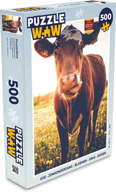 Puzzel Koe - Zonsondergang - Bloemen - Gras - Dieren - Legpuzzel - Puzzel 500 stukjes
