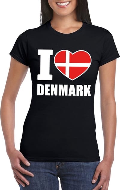 Denemarken supporters kleding t-shirt - voor dames - zwart - met vlag kleuren print - korte mouwen S