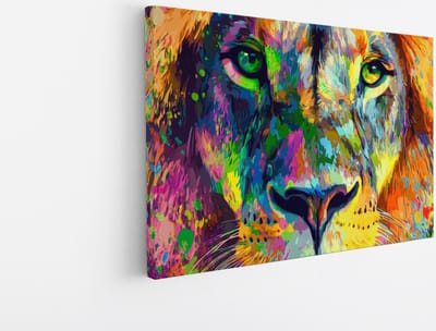 Saammp Canvas Schilderij - Leeuw met kleurrijke verfspetters - Dieren - Abstract - 45x30 - Foto op canvas - Wanddecoratie - Muurdecoratie Woonkamer - Slaapkamer decoratie - Canvas Print