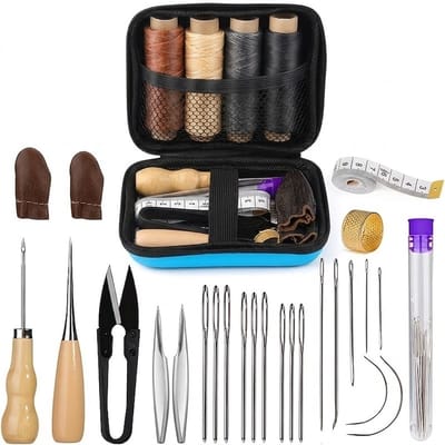 Bruin zwart leer naaigaren set leer bewerking gereedschap voor beide met naalden grote ogen draad rollen opberg etui en hand gereedschap voor reparatie en DIY projecten