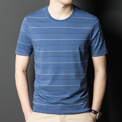Kortmouwig Gestreept Ronde Hals Trendy T-shirt voor Heren, Zomer Koreaanse Stijl Nieuwe Casual Knappe Top voor Jonge en Middelbare Leeftijd XXXL blue