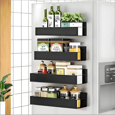 Set van 4 Magnetische Specerijenhouders met 4 Haakjes voor Keukenopslag en Organisatie, Ideaal voor Kruidenset en Keukenaccessoires, Zwart
