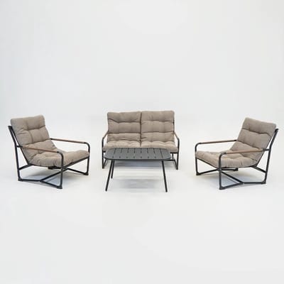 Vita - Como loungeset - Optimaal comfort - XL kussens olefin Boucle - complete loungeset met tafel - Textielene zitting - Wood look arm rest - Makkelijke montage - Met tafel en bank
