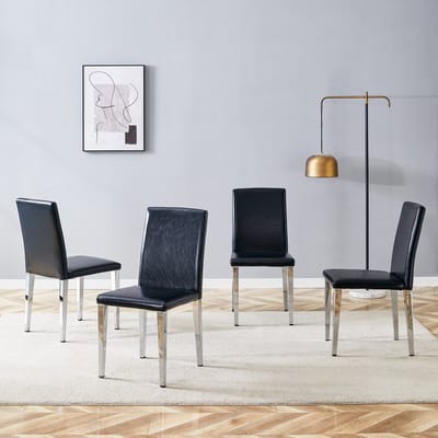 [Set van 4 minimalistische eetkamerstoelen] Lichtgewicht luxe in Europees design in zwart en zilver: zwart PU-leer + zilverkleurige metalen poten, perfect voor moderne eetkamers, woonkamers en meer.