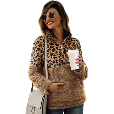 Dames Herfst Winter Pluche Hoodie Sweatshirts Luipaard Splice Lange Mouw Coltrui Rits Casual XL kaki