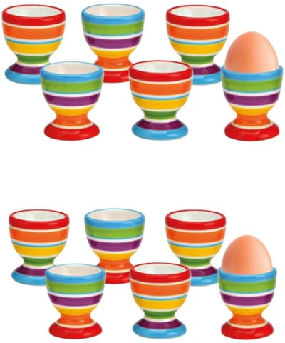 Bellatio Design Eierdopjes streep motief - set van 12x - multi kleuren - keramiek - 6 x 5 cm - voor ontbijt/brunch/pasen