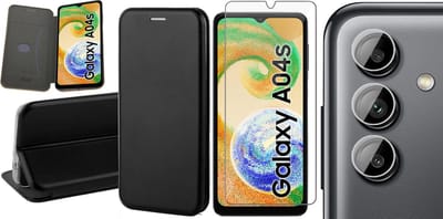 Hoesje geschikt voor Samsung Galaxy A04s / A13 5G - Screenprotector GlassGuard & Camera Lens Screen Protector - Book Case Kunstleer ThinShield Zwart