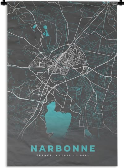 Wandkleed - Wanddoek - Kaart – Stadskaart – Narbonne - Plattegrond – Frankrijk - 120x180 cm - Wandtapijt