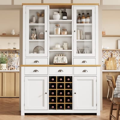 Pugsdrly Multifunctionele hoge kast voor thuis met kantelbeveiliging, staande kast voor keuken en woonkamer met glazen deur, metalen handgrepen en soft-close-functie, uitneembaar wijnrek, wit