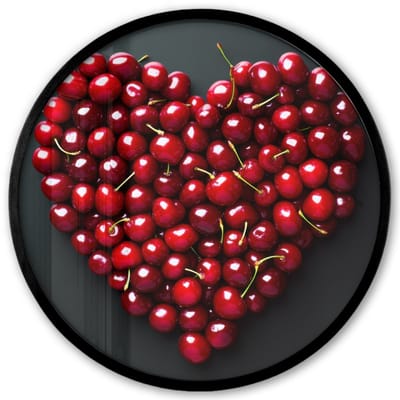 Poster in lijst Rond - Fotolijst 40x40 cm - Posters - Kersen - Hart - Rood - Zwart - Ronde posterlijst zwart - Decoratie - Wanddecoratie woonkamer - Muurdecoratie slaapkamer