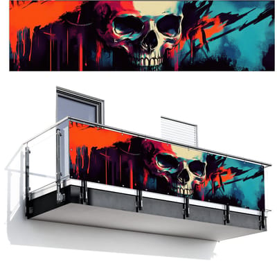 Balkonscherm 300x80 cm - Balkonposter Schedel - Abstract - Rood - Blauw - Graffiti - Balkon scherm decoratie - Balkonschermen - Balkondoek zonnescherm