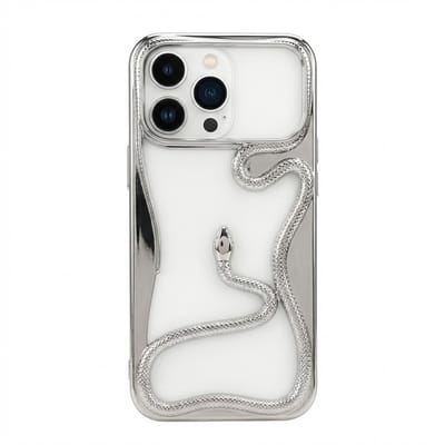 Zilverkleurig transparant telefoon hoesje geschikt voor iPhone 16 – backcover met 3D slang detail, zacht TPU softcase met verhoogde rand en elektroplating afwerking