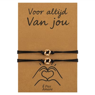 Koppel Armbandjes voor 2 "Voor altijd van Jou" - Knoopjes - Vriendschapsarmbandjes met Valentijn Cadeau Kaartje - Goudkleurig - Elastisch Verstelbaar - Pax Amare