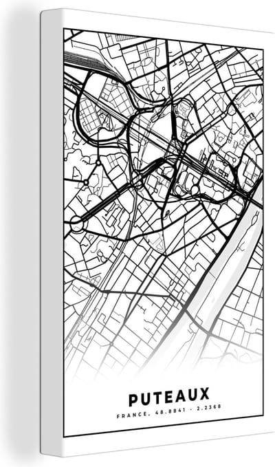 Canvas Schilderij Frankrijk - Kaart - Plattegrond - Puteaux - Stadskaart - Zwart wit - 20x30 cm - Wanddecoratie