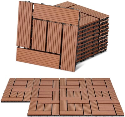 Set of 3 WPC Decking Tiles 30 x 30 cm Balcony Tiles Click Tiles WPC Tiles for 3 m² Floor Covering with Drainage and Click System Decking Waterproof for Balcony, Patio, Brown