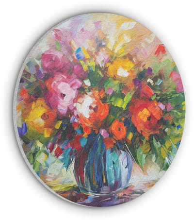 Akoestisch wandpaneel rond 30x30 cm - Vilt schilderij Bloemen - Kleurrijk - Bloempot - Olieverf - Ronde akoestische panelen - Geluidsdempende wanddecoratie - Geluidsisolatie wandcirkel - Muurdecoratie geluidspanelen