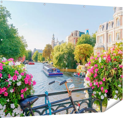 Gards Tuinposter Amsterdamse Kanaal met Bloemen - 150x120 cm - Tuindoek - Tuindecoratie - Wanddecoratie buiten - Tuinschilderij
