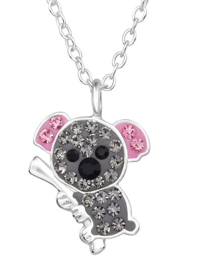 Joy|S - Zilveren koala hanger - inclusief ketting 45 cm - zilver met grijs en roze met grijs roze kristalletjes