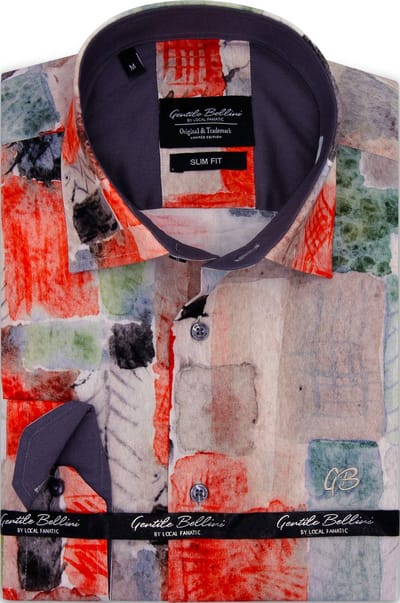 Overhemd Heren Strijkvrij - Hippe Overhemden met Print - Slim Fit Overhemd Heren - Heren Blouse met Lange Mouwen - Grijs/Oranje