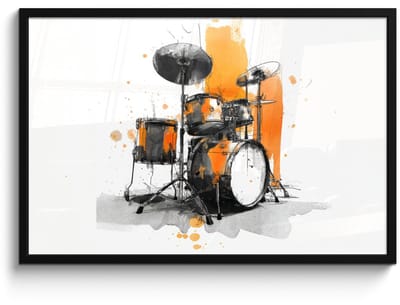 Poster in lijst - Fotolijst 90x60 cm - Posters - Drumstel - Oranje - Zwart - Aquarelverf - Posterlijst zwart - Decoratie - Wanddecoratie woonkamer - Muurdecoratie slaapkamer