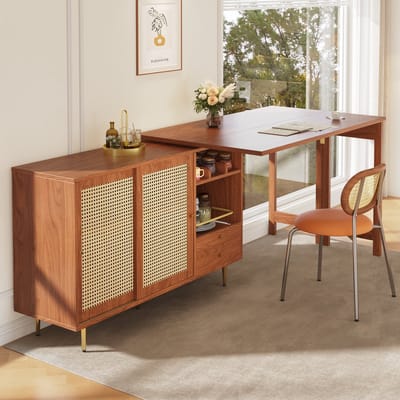 REDOM Eettafel 107 x 40 x 71,4 cm van MDF, 360° draaibaar ontwerp, bruin met rattan deuren en gouden metalen poten