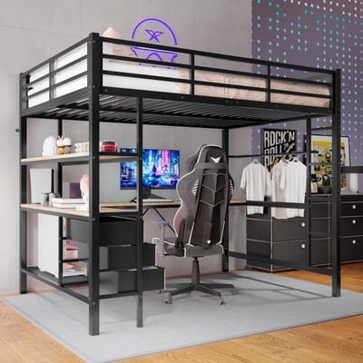 MEUNIQ Hoogslaper 140 x 200 cm met bureau, LED-verlichting, stekkerdoos en USB, 3 lades, planken, trap en uitvalbeveiliging, zwart