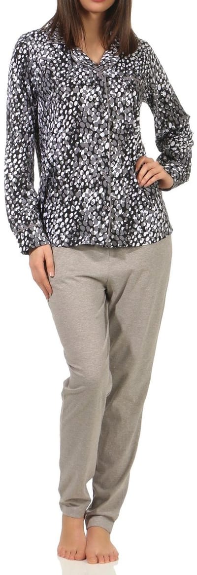Elegante damespyjama met lange mouwen om door te knopen in polka dot look