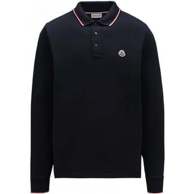 Moncler FW22 Effen Logo Patch Katoenen Lange Mouwen Polo Heren Polo Shirts Marineblauw H20918B701008455677X S black