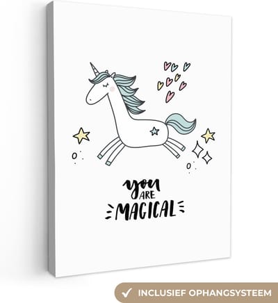 Schilderij voor kinderen - Wanddecoratie meisjes - Unicorn - Quotes - You are magical - Meisje - Kinderen - Kinderkamer decoratie - Canvas doek kids - 30x40 cm
