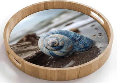 Dienblad rond 40x40 cm - Schootdienblad hout - Schelp - Strand - Blauw - Zee - Borrelplank rechthoek - Plateau houten dienbladen