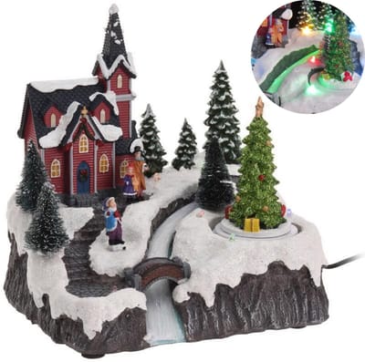 Cheqo® Kerstdorp met Kersthuisje - Kersttafereel - Kerstdecoratie - Met LED Licht - Kerk en Bewegende Kerstboom