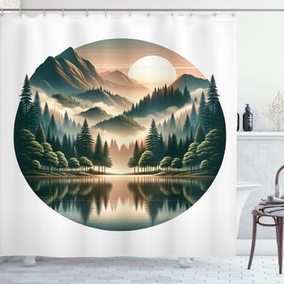 New Bed, Douchegordijn Berglandschap Zonsondergang Natuur Schilderij Stijl, Badkamer Decor Set met Haakjes 180 cm B 200 cm L