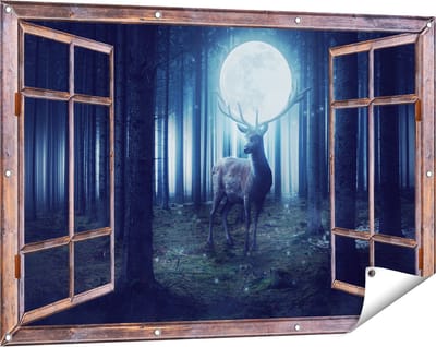 Gards Tuinposter Doorkijk Hert in het Bos tijdens Volle Maan - 120x80 cm - Tuindoek - Tuindecoratie - Wanddecoratie buiten - Tuinschilderij