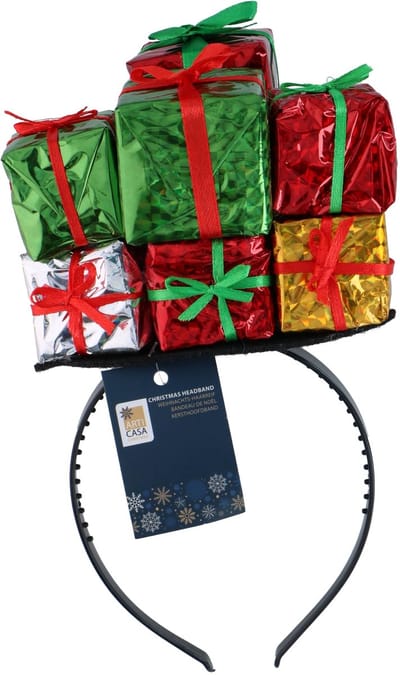 Arti Casa Kerst Hoofdband met Cadeautjes - Verkleedaccessoire voor Kerstfeest - Leuk voor Kerstdiner, Kerstborrel of Themafeest - Comfortabel en Licht in Gewicht - 26 cm - Rood, Groen en Goud