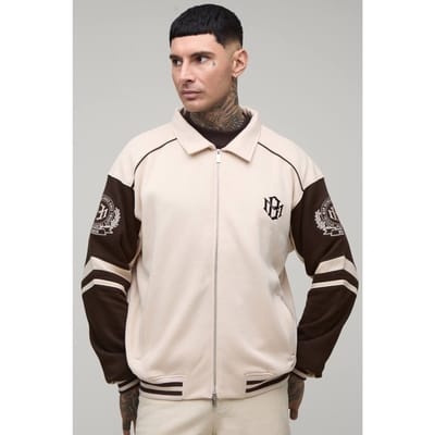 Lang Boxy Fit Jack Met Kraag En Kleurblokken In Varsity Jersey Stijl | Ecru | Size Small