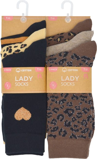 Inter Socks - Damessokken - Leo-coeur print - 12 paar - beige ,bruin ,zwart - hoogwaardige katoen - multipack - maat 36- 41