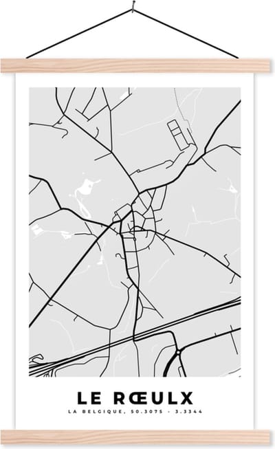 Posterhanger incl. Poster 40x60 cm - Schoolplaat - Plattegrond – Le Rœulx – Zwart Wit – Stadskaart - Kaart - Textielposter - Blanke latten - Stadskaart