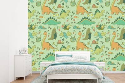 Behang - Fotobehang Patronen - Dino - Groen - Jongetje - Kind - Kinderen - Kids - Breedte 360 cm x hoogte 260 cm