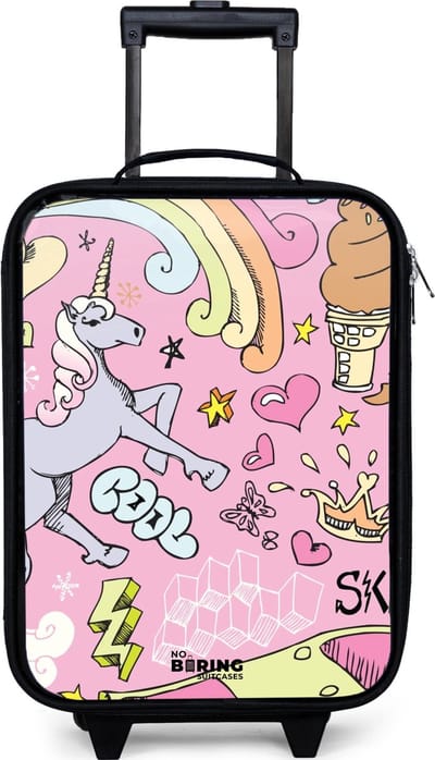 NoBoringSuitcases.com® - Kinderkoffer jongen - Kindertrolley meisje - Unicorn doodles - Koffer kind lichtgewicht - Reiskoffer trolley voor kinderen - Koffertje met lichtgevende wieltjes - Rolkoffer zwart