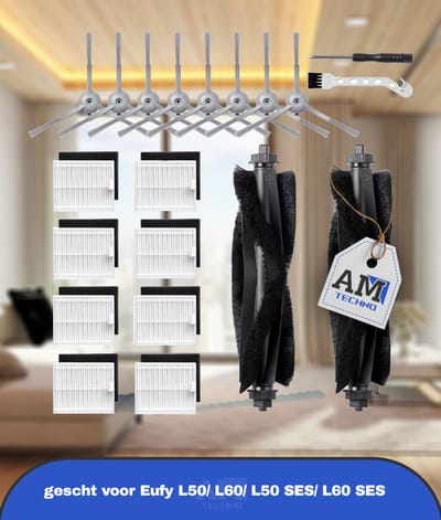20 Stuks Reserveonderdelen Geschikt voor Eufy L50/ L60/ L50 SES/ L60 SES Stofzuigerrobot, Vervangende Accessoireset met 2 Hoofdborstels, 8 Zijborstels, 8 Filters, 1 Reinigingsborstel, 1 Schroevendraaier