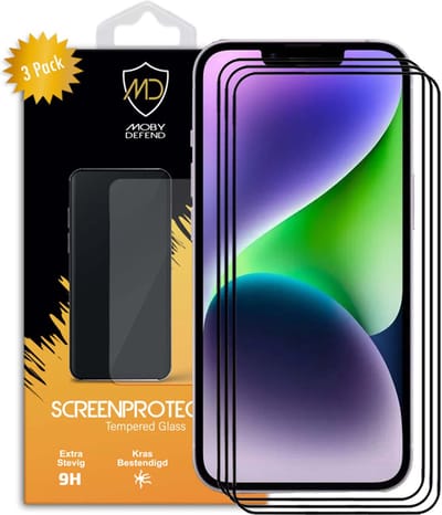 3-Pack MobyDefend Screenprotectors - Geschikt voor iPhone 14 - Screensavers Met Zwarte Randen - Gehard Glas