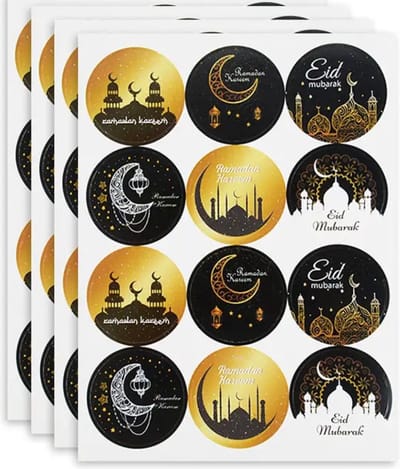 Akyol - Ramadan Stickers - Vel van 12 stuks - Eid Mubarak - Zwart en Goud - diameter 4 cm