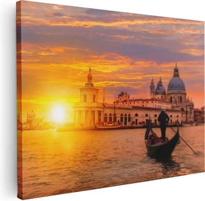 Artaza Canvas Schilderij Zonsondergang - 40x30 cm - Klein - Wanddecoratie Skyline - Muurdecoratie Venetië - Kamer Accessoires Boot