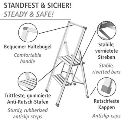 Aluminium Stepladder 2 Treden met Antislip XXL Treden voor Veiligheid