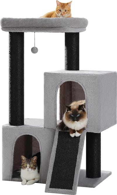 Kattenu Grote krabpaal L - 114 cm hoog - Zwart/Grijs - Gemaakt in Polen - 11 cm dikke stammen - Volledig bedekt met sisal - Geschikt voor grote katten