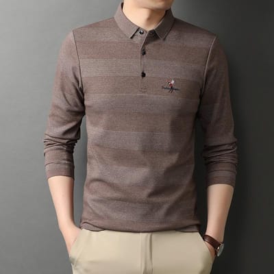 Lente Heren Nieuwe Kleding Geborduurde Gestreepte Lange Mouw Revers T-shirt Heren Mode Casual Herenshirt XL gray