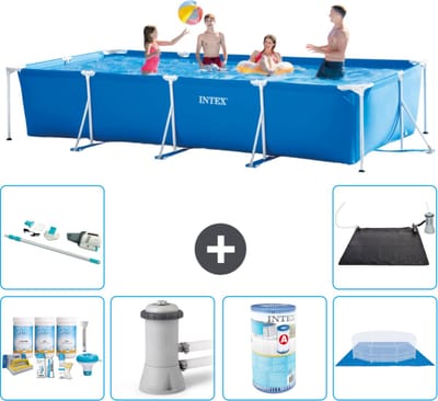 Intex Rechthoekig Frame Zwembad - 450 x 220 x 84 cm - Blauw - Inclusief Onderhoudspakket - Zwembadfilterpomp - Filter - Grondzeil - Stofzuiger - Solar Mat - 7-delig