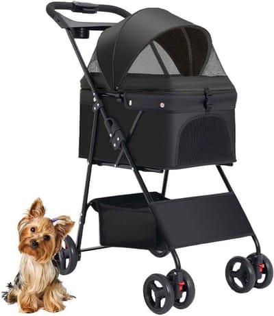Hondenbuggy Opvouwbaar - Reisbuggy Huisdier - Comfortabel Reizen - Ademend Mesh - 63 x 45 x 93 cm - Zwart